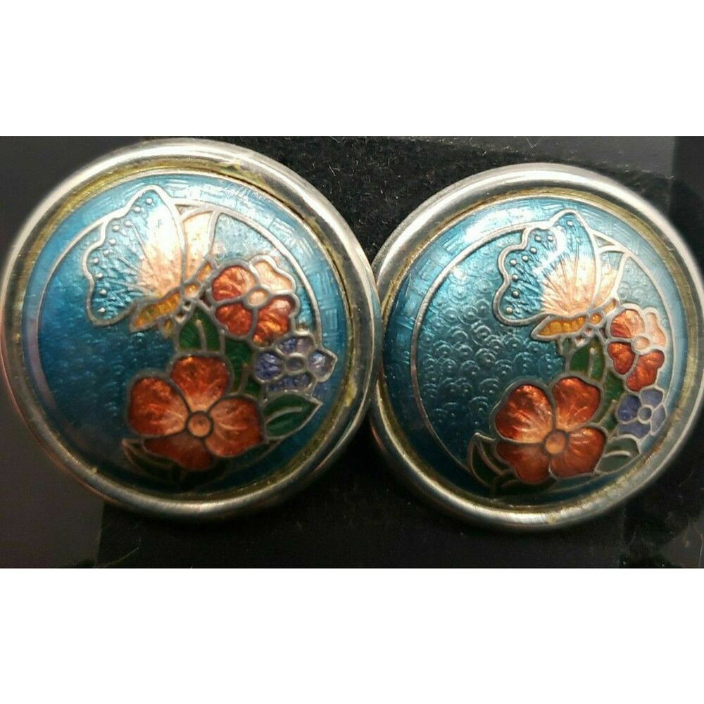 Vintage Cloisonné Enamel Round Clip On Earrings Light Blue Colorful Rose Design